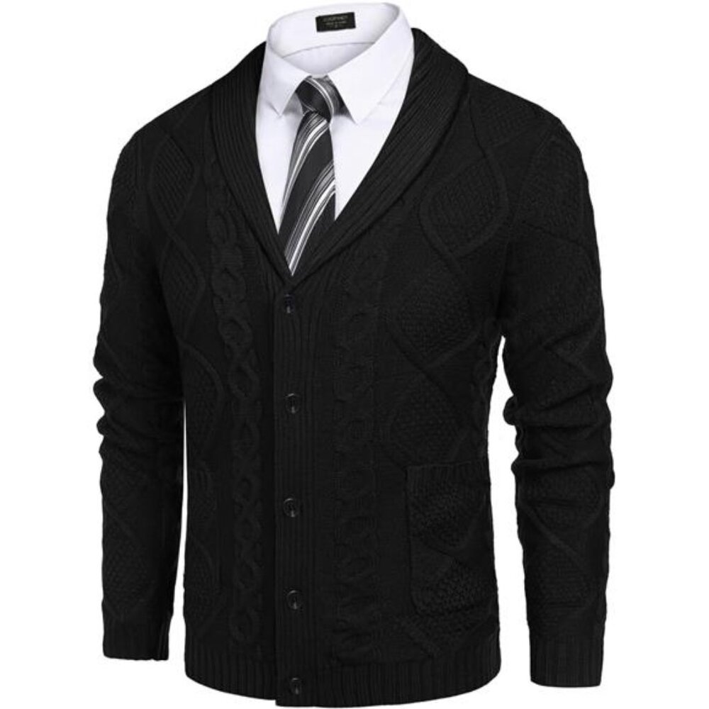 NEW Mens Shawl Collar Cardigan Sweater Slim Fit Button Down Cable Knitted